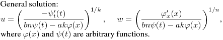\noindent
General solution:\hfill\break
$\displaystyle u=\left(\frac {-\psi'_t(t)}{bn\psi(t)-ak\varphi(x)}\right)^{1/k},\quad \
w=\left(\frac {\varphi'_x(x)}{bn\psi(t)-ak\varphi(x)}\right)^{1/n}$,\hfill\break
where $\varphi(x)$ and $\psi(t)$ are arbitrary functions.