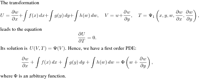 The transformation
$$
U=\frac{\partial w}{\partial x}+\int f(x)\,dx+\int g(y)\,dy+\int h(w)\,dw, \quad
V=w+\frac{\partial w}{\partial y},
\quad T=\Psi_1\left(x,y,w,\frac{\partial w}{\partial x},\frac{\partial w}{\partial y}\right),
$$
leads to the equation
$$
\frac{\partial U}{\partial T}=0.
$$
Its solution is $\,\displaystyle{U(V,T)=\Psi(V)}$.
Hence, we have a first order PDE:
$$
\frac{\partial w}{\partial x}+\int f(x)\,dx+\int g(y)\,dy+\int h(w)\,dw=
\Phi\left(w+\frac{\partial w}{\partial y}\right),
$$
where $\Phi$ is an arbitrary function.