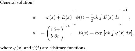 General solution:
$$\begin{array}[c]{ll}
w&=\varphi(x)+E(x)\left[\psi(t)-\cfrac{1}{2}ak\int
E(x)\,dx\right]^{-1},\cr u&=\Biggl(\cfrac{1}{b}\cfrac{\partial
w}{\partial t}\,\Biggr)^{\!1/k},\quad \
E(x)=\exp{\left[ak\int\varphi(x)\,dx\right]},\end{array}
$$
where $\varphi(x)$ and $\psi(t)$ are arbitrary functions.