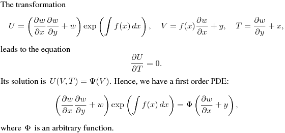 The transformation
$$
U=\left(\frac{\partial w}{\partial x}\frac{\partial w}{\partial y}+w\right)
\exp\left(\int f(x)\,dx\right),
\quad V=f(x)\frac{\partial w}{\partial x}+y, \quad T=\frac{\partial w}{\partial y}+x,
$$
leads to the equation
$$
\frac{\partial U}{\partial T}=0.
$$
Its solution is $\,\displaystyle{U(V,T)=\Psi(V)}$.
Hence, we have a first order PDE:
$$
\left(\frac{\partial w}{\partial x}\frac{\partial w}{\partial y}+w\right)
\exp\left(\int f(x)\,dx\right)=\Phi\left(\frac{\partial w}{\partial x}+y\right),
$$
where $\,\Phi\,$ is an arbitrary function.