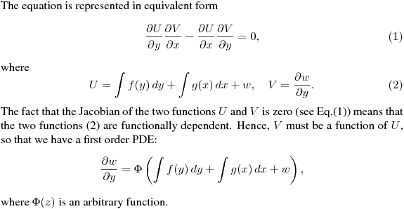The equation is represented in equivalent form
$$ 
\frac{\partial U}{\partial y}\frac{\partial V}{\partial x}-
\frac{\partial U}{\partial x}\frac{\partial V}{\partial y}=0,
\eqno(1)
$$
where 
$$
U=\int f(y)\,dy+\int g(x)\,dx+w,\quad V=\frac{\partial w}{\partial y}.
\eqno(2)
$$
The fact that the Jacobian of the two functions $U$ and $V$ is zero 
(see Eq.(1)) means that the two functions (2) are functionally
dependent. Hence, $V$ must be a function of~$U$, so that
we have a first order PDE:
$$
\frac{\partial w}{\partial y}=
\Phi\left(\int f(y)\,dy+\int g(x)\,dx+w\right),
$$
where $\Phi(z)$ is an arbitrary function.