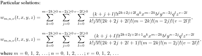 Particular solutions:
$$
w_{m,n,v}(t,x,y,z)=\sum^{m-2k\geq0}_{k=0}\sum^{n-2j\geq0}_{j=0}\sum^{v-2l\geq0}_{l=0}{\frac{(k+j+l)!t^{2k+2j+2l}a^kx^{m-2k}b^jy^{n-2j}q^lz^{v-2l}}{k!j!l!(2k+2j+2l)!(m-2k)!(n-2j)!(v-2l)!}},
$$
$$
w_{m,n,v}(t,x,y,z)=\sum^{m-2k\geq0}_{k=0}\sum^{n-2j\geq0}_{j=0}\sum^{v-2l\geq0}_{l=0}{\frac{(k+j+l)!t^{2k+2j+2l+1}a^kx^{m-2k}b^jy^{n-2j}q^lz^{v-2l}}{k!j!l!(2k+2j+2l+1)!(m-2k)!(n-2j)!(v-2l)!}},
$$
where $m=0,\,1,\,2,\,\dots\,$; $n=0,\,1,\,2,\,\dots\,$; $v=0,\,1,\,2,\,\dots$