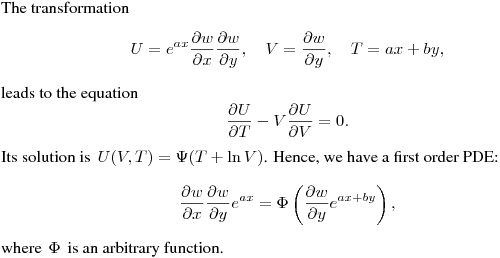 The transformation
$$
U=e^{ax}\frac{\partial w}{\partial x}\frac{\partial w}{\partial y},
\quad V=\frac{\partial w}{\partial y}, \quad T=ax+by,
$$
leads to the equation
$$
\frac{\partial U}{\partial T}-V\frac{\partial U}{\partial V}=0.
$$
Its solution is $\,\displaystyle{U(V,T)=\Psi(T+\ln V)}$.
Hence, we have a first order PDE:
$$
\frac{\partial w}{\partial x}\frac{\partial w}{\partial y}e^{ax}=
\Phi\left(\frac{\partial w}{\partial y}e^{ax+by}\right),
$$
where $\,\Phi\,$ is an arbitrary function.