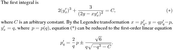 \noindent
The first integral is
$$
2(y'_x)^3+\frac{3}{(2y-xy'_x)^2}=C,
\eqno(*)
$$
where $C$ is an arbitrary constant. By the Legendre transformation $\,x=p'_q$, $\,y=qp'_q-p$, $\,y'_x=q$, where $\,p=p(q)$, 
equation (*) can be reduced to the first-order linear equation
$$
p'_q=\frac 2q\, p\pm\frac{\sqrt{6}}{q\sqrt{-q^3-C}}.
$$