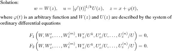 Solution:
$$
w=W(z),\quad u=[\varphi'(t)]^{1/k}U(z),\quad z=x+\varphi(t),
$$
 where $\varphi(t)$ is an arbitrary function and $W(z)$ and $U(z)$ are described
by the system of ordinary differential equations
$$\begin{array}[c]{ll} \vspace{0.1cm}
&F_1\left(W,W'_z,\dots,W^{(m)}_z,W'_z/U^k,U'_z/U,\dots,U^{(n)}_z/U\right)=0,\cr
&F_2\left(W,W'_z,\dots,W^{(m)}_z,W'_z/U^k,U'_z/U,\dots,U^{(n)}_z/U\right)=0.\end{array}
$$