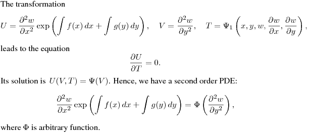 The transformation
$$
U=\frac{\partial^2 w}{\partial x^2}\exp\left(\int f(x)\,dx+\int g(y)\,dy\right), \quad
V=\frac{\partial^2 w}{\partial y^2}, \quad
T=\Psi_1\left(x,y,w,\frac{\partial w}{\partial x},\frac{\partial w}{\partial y}\right),
$$
leads to the equation
$$
\frac{\partial U}{\partial T}=0.
$$
Its solution is $\,\displaystyle{U(V,T)=\Psi(V)}$.
Hence, we have a second order PDE:
$$
\frac{\partial^2 w}{\partial x^2}\exp\left(\int f(x)\,dx+\int g(y)\,dy\right)=
\Phi\left(\frac{\partial^2 w}{\partial y^2}\right),
$$
where $\Phi$ is arbitrary function.
