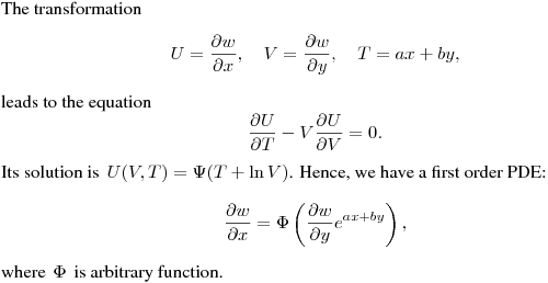 The transformation
$$
U=\frac{\partial w}{\partial x}, \quad V=\frac{\partial w}{\partial y}, \quad T=ax+by,
$$
leads to the equation
$$
\frac{\partial U}{\partial T}-V\frac{\partial U}{\partial V}=0.
$$
Its solution is $\,\displaystyle{U(V,T)=\Psi(T+\ln V)}$.
Hence, we have a first order PDE:
$$
\frac{\partial w}{\partial x}=\Phi\left(\frac{\partial w}{\partial y}e^{ax+by}\right),
$$
where $\,\Phi\,$ is arbitrary function.