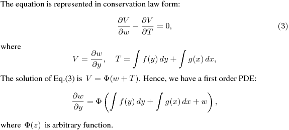 The equation is represented in conservation law form:
$$
\frac{\partial V}{\partial w}-\frac{\partial V}{\partial T}=0,
\eqno(3)
$$
where
$$
V=\frac{\partial w}{\partial y}, \quad T=\int f(y)\,dy+\int
g(x)\,dx,
$$
The solution of Eq.(3) is $\,V=\Phi(w+T)$. Hence, we have a first order
PDE:
$$
\frac{\partial w}{\partial y}=\Phi\left(\int f(y)\,dy+\int 
g(x)\,dx+w\right),
$$
where $\,\Phi(z)\,$ is arbitrary function.