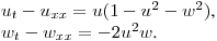 $u_t-u_{xx}=u(1-u^2-w^2)$,\hfill\break\quad 
$w_t-w_{xx}=-2u^2w$.