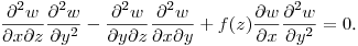 $\displaystyle \frac{\partial^2 w}{\partial x\partial z}\frac{\partial^2 w}{\partial y^2}-
\frac{\partial^2 w}{\partial y\partial z}\frac{\partial^2 w}{\partial x\partial y}+
f(z)\frac{\partial w}{\partial x}\frac{\partial^2 w}{\partial y^2}=0$.\hfill\break