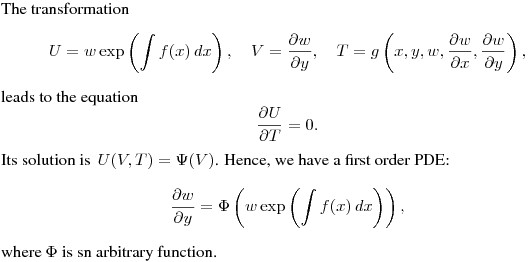 The transformation
$$
U=w\exp\left(\int f(x)\,dx\right), \quad
V=\frac{\partial w}{\partial y}, \quad
T=g\left(x,y,w,\frac{\partial w}{\partial x},\frac{\partial w}{\partial y}\right),
$$
leads to the equation
$$
\frac{\partial U}{\partial T}=0.
$$
Its solution is $\,\displaystyle{U(V,T)=\Psi(V)}$.
Hence, we have a first order PDE:
$$
\frac{\partial w}{\partial y}=
\Phi\left(w\exp\left(\int f(x)\,dx\right)\right),
$$
where $\Phi$ is sn arbitrary function.