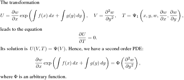 The transformation
$$
U=\frac{\partial w}{\partial x}\exp\left(\int f(x)\,dx+\int g(y)\,dy\right), \quad
V=\frac{\partial^2 w}{\partial y^2}, \quad
T=\Psi_1\left(x,y,w,\frac{\partial w}{\partial x},\frac{\partial w}{\partial y}\right),
$$
leads to the equation
$$
\frac{\partial U}{\partial T}=0.
$$
Its solution is $\,\displaystyle{U(V,T)=\Psi(V)}$.
Hence, we have a second order PDE:
$$
\frac{\partial w}{\partial x}\exp\left(\int f(x)\,dx+\int g(y)\,dy\right)=
\Phi\left(\frac{\partial^2 w}{\partial y^2}\right),
$$
where $\Phi$ is an arbitrary function.