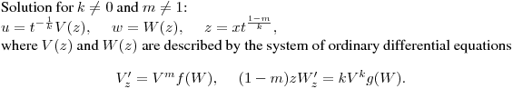 Solution for $k\neq0$ and $m\neq1$:\hfill\break
$\displaystyle u=t^{-\frac{1}{k}}V(z), \quad \ w=W(z), \quad \
z=xt^{\frac{1-m}{k}},
$\hfill\break
where $V(z)$ and $W(z)$ are described by the system of ordinary differential equations
$$
V'_{z}=V^mf(W),\quad \ (1-m)zW'_z=kV^kg(W).
$$