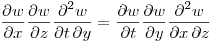 \noindent
$\displaystyle \frac{\partial w}{\partial x}\frac{\partial w}{\partial z}\frac{\partial^2 w}{\partial t \, \partial y}  = \frac{\partial w}{\partial t}\frac{\partial w}{\partial y}\frac{\partial^2 w}{\partial x \, \partial z} $