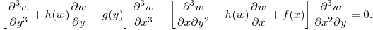 $\displaystyle \left[\frac{\partial^3 w}{\partial y^3}+
h(w)\frac{\partial w}{\partial y}+g(y)\right]\frac{\partial^3 w}{\partial x^3}-
\left[\frac{\partial^3 w}{\partial x\partial y^2}+
h(w)\frac{\partial w}{\partial x}+f(x)\right]\frac{\partial^3 w}{\partial x^2\partial y}=0$.\hfill\break
