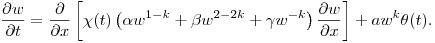 $\displaystyle
\frac{\partial {w}}{\partial t} = \frac{\partial}{\partial
x}\left[\chi(t)\left(\alpha w^{1-k}+\beta w^{2-2k} +\gamma
w^{-k}\right)\frac{\partial {w}}{\partial x}\right] +
aw^{k}\theta(t).
$