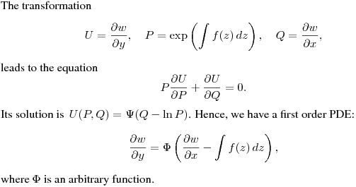 The transformation
$$
U=\frac{\partial w}{\partial y}, \quad
P=\exp\left(\int f(z)\,dz\right), \quad Q=\frac{\partial w}{\partial x},
$$
leads to the equation
$$
P\frac{\partial U}{\partial P}+\frac{\partial U}{\partial Q}=0.
$$
Its solution is $\,\displaystyle {U(P,Q)=\Psi(Q-\ln P)}$.
Hence, we have a first order PDE:
$$
\frac{\partial w}{\partial y}=
\Phi\left(\frac{\partial w}{\partial x}-\int f(z)\,dz\right),
$$
where $\Phi$ is an arbitrary function.