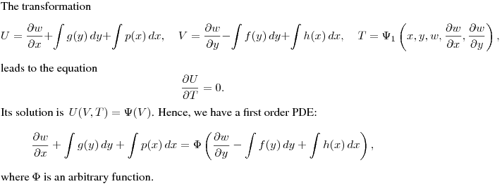 The transformation
$$
U=\frac{\partial w}{\partial x}+\int g(y)\,dy+\int p(x)\,dx, \quad
V=\frac{\partial w}{\partial y}-\int f(y)\,dy+\int h(x)\,dx,
\quad T=\Psi_1\left(x,y,w,\frac{\partial w}{\partial x},\frac{\partial w}{\partial y}\right),
$$
leads to the equation
$$
\frac{\partial U}{\partial T}=0.
$$
Its solution is $\,\displaystyle{U(V,T)=\Psi(V)}$.
Hence, we have a first order PDE:
$$
\frac{\partial w}{\partial x}+\int g(y)\,dy+\int p(x)\,dx=
\Phi\left(\frac{\partial w}{\partial y}-\int f(y)\,dy+\int h(x)\,dx\right),
$$
where $\Phi$ is an arbitrary function.