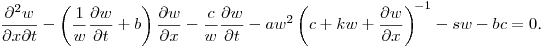 \noindent
$\displaystyle 
\frac{\partial^2 w}{\partial x\partial t}-\left(\frac{1}{w}\frac{\partial w}{\partial t}+b\right)
\frac{\partial w}{\partial x}-\frac{c}{w}\frac{\partial w}{\partial t}-
aw^2\left(c+kw+\frac{\partial w}{\partial x}\right)^{\!-1}-sw-b c = 0$.