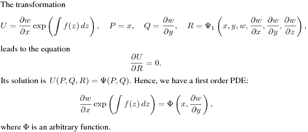 The transformation
$$
U=\frac{\partial w}{\partial x}\exp\left(\int f(z)\,dz\right), \quad
P=x, \quad Q=\frac{\partial w}{\partial y}, \quad
R=\Psi_1\left(x,y,w,\frac{\partial w}{\partial x},\frac{\partial w}{\partial y},\frac{\partial w}{\partial z}\right),
$$
leads to the equation
$$
\frac{\partial U}{\partial R}=0.
$$
Its solution is $\,\displaystyle {U(P,Q,R)=\Psi(P,Q)}$.
Hence, we have a first order PDE:
$$
\frac{\partial w}{\partial x}\exp\left(\int f(z)\,dz\right)=
\Phi\left(x,\frac{\partial w}{\partial y}\right),
$$
where $\Phi$ is an arbitrary function.