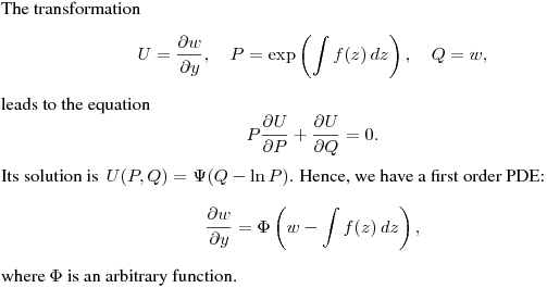 The transformation
$$
U=\frac{\partial w}{\partial y}, \quad
P=\exp\left(\int f(z)\,dz\right), \quad Q=w,
$$
leads to the equation
$$
P\frac{\partial U}{\partial P}+\frac{\partial U}{\partial Q}=0.
$$
Its solution is $\,\displaystyle {U(P,Q)=\Psi(Q-\ln P)}$.
Hence, we have a first order PDE:
$$
\frac{\partial w}{\partial y}=
\Phi\left(w-\int f(z)\,dz\right),
$$
where $\Phi$ is an arbitrary function.