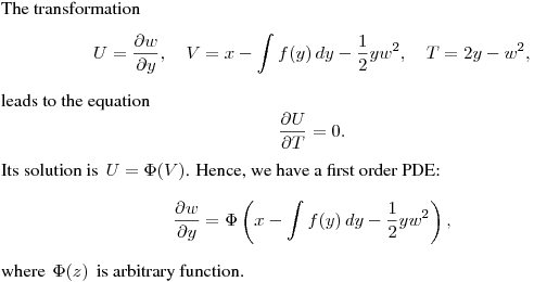 The transformation
$$
U=\frac{\partial w}{\partial y}, \quad V=x-\int f(y)\,dy-\frac12 yw^2, 
\quad T=2y-w^2,
$$
leads to the equation
$$
\frac{\partial U}{\partial T}=0.
$$
Its solution is $\,U=\Phi(V)$. Hence, we have a first order PDE:
$$
\frac{\partial w}{\partial y}=\Phi\left(x-\int f(y)\,dy-\frac12 
yw^2\right),
$$
where $\,\Phi(z)\,$ is arbitrary function.