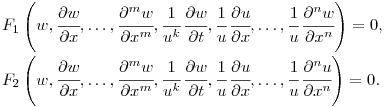 $$
\begin{array}[c]{ll} \vspace{0.1cm}
F_1\left(w,\cfrac{\partial w}{\partial x},\dots,\cfrac{\partial^m
w}{\partial x^m},\cfrac{1}{u^k}\,\cfrac{\partial w}{\partial t}
,\cfrac 1u\,\cfrac{\partial u}{\partial x} ,\dots,\cfrac
1u\,\cfrac{\partial^n w}{\partial x^n}\right)=0,\cr
F_2\left(w,\cfrac{\partial w}{\partial x},\dots,\cfrac{\partial^m
w}{\partial x^m},\cfrac{1}{u^k}\,\cfrac{\partial w}{\partial
t},\cfrac 1u\,\cfrac{\partial u}{\partial x},\dots,\cfrac
1u\,\cfrac{\partial^n u}{\partial x^n}\right)=0.
\end{array}
$$