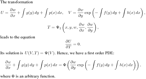 The transformation
$$
U=\frac{\partial w}{\partial x}+\int g(y)\,dy+\int p(x)\,dx, \quad
V=\frac{\partial w}{\partial y}\exp\left(-\int f(y)\,dy+\int h(x)\,dx\right),
$$
$$
T=\Psi_1\left(x,y,w,\frac{\partial w}{\partial x},\frac{\partial w}{\partial y}\right),
$$
leads to the equation
$$
\frac{\partial U}{\partial T}=0.
$$
Its solution is $\,\displaystyle{U(V,T)=\Psi(V)}$.
Hence, we have a first order PDE:
$$
\frac{\partial w}{\partial x}+\int g(y)\,dy+\int p(x)\,dx=
\Phi\left(\frac{\partial w}{\partial y}\exp\left(-\int f(y)\,dy+\int h(x)\,dx\right)\right),
$$
where $\Phi$ is an arbitrary function.