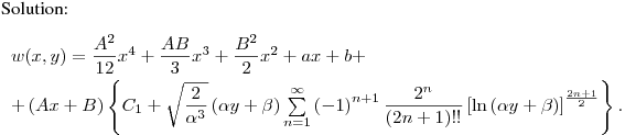 Solution:
$$
\begin{array}{l} \vspace{0.1cm}
 w(x,y) = \dfrac{{A^2 }}{{12}}x^4  + \dfrac{{AB}}{3}x^3  + \dfrac{{B^2 }}{2}x^2  + ax + b +  \\
  + \left( {Ax + B} \right)\left\{ {C_1  + \sqrt {\dfrac{2}{{\alpha ^3 }}} \left( {\alpha y + \beta }
  \right)\sum\limits_{n = 1}^\infty  {\left( { - 1} \right)^{n + 1} \dfrac{{2^n }}{{\left( {2n + 1} \right)!!}}}
  \left[ {\ln \left( {\alpha y + \beta } \right)} \right]^{\frac{{2n + 1}}{2}} }
  \right\}.
 \end{array}
$$