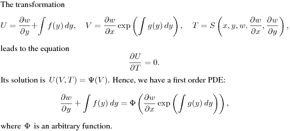 The transformation
$$
U=\frac{\partial w}{\partial y}+\int f(y)\,dy,
\quad V=\frac{\partial w}{\partial x}\exp\left(\int g(y)\,dy\right), \quad
T=S\left(x,y,w,\frac{\partial w}{\partial x},\frac{\partial w}{\partial y}\right),
$$
leads to the equation
$$
\frac{\partial U}{\partial T}=0.
$$
Its solution is $\,\displaystyle{U(V,T)=\Psi(V)}$.
Hence, we have a first order PDE:
$$
\frac{\partial w}{\partial y}+\int f(y)\,dy
=\Phi\left(\frac{\partial w}{\partial x}\exp\left(\int g(y)\,dy\right)\right),
$$
where $\,\Phi\,$ is an arbitrary function.
