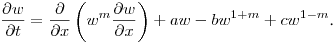 $\displaystyle \frac{\partial {w}}{\partial t} = \frac{\partial}{\partial
x}\left(w^{m}\frac{\partial {w}}{\partial x}\right) +
aw-bw^{1+m}+ cw^{1-m}$.