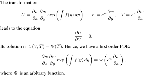 The transformation
$$
U=\frac{\partial w}{\partial x}\frac{\partial w}{\partial y}\exp\left(\int f(y)\,dy\right),
\quad V=e^w\frac{\partial w}{\partial y}, \quad
T=e^w\frac{\partial w}{\partial x},
$$
leads to the equation
$$
\frac{\partial U}{\partial V}=0.
$$
Its solution is $\,\displaystyle{U(V,T)=\Psi(T)}$.
Hence, we have a first order PDE:
$$
\frac{\partial w}{\partial x}\frac{\partial w}{\partial y}\exp\left(\int f(y)\,dy\right)=
\Phi\left(e^w\frac{\partial w}{\partial x}\right),
$$
where $\,\Phi\,$ is an arbitrary function.