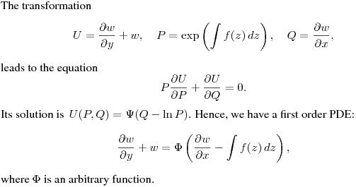 The transformation
$$
U=\frac{\partial w}{\partial y}+w, \quad
P=\exp\left(\int f(z)\,dz\right), \quad Q=\frac{\partial w}{\partial x},
$$
leads to the equation
$$
P\frac{\partial U}{\partial P}+\frac{\partial U}{\partial Q}=0.
$$
Its solution is $\,\displaystyle {U(P,Q)=\Psi(Q-\ln P)}$.
Hence, we have a first order PDE:
$$
\frac{\partial w}{\partial y}+w=
\Phi\left(\frac{\partial w}{\partial x}-\int f(z)\,dz\right),
$$
where $\Phi$ is an arbitrary function.