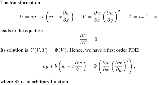 The transformation
$$
U=ay+b\left(w-x\frac{\partial w}{\partial x}\right),
\quad V=\frac{\partial w}{\partial x}\left(\frac{\partial w}{\partial y}\right)^2, \quad
T=aw^2+x,
$$
leads to the equation
$$
\frac{\partial U}{\partial T}=0.
$$
Its solution is $\,\displaystyle{U(V,T)=\Psi(V)}$.
Hence, we have a first order PDE:
$$
ay+b\left(w-x\frac{\partial w}{\partial x}\right)=
\Phi\left(\frac{\partial w}{\partial x}\left(\frac{\partial w}{\partial y}\right)^2\right),
$$
where $\,\Phi\,$ is an arbitrary function.