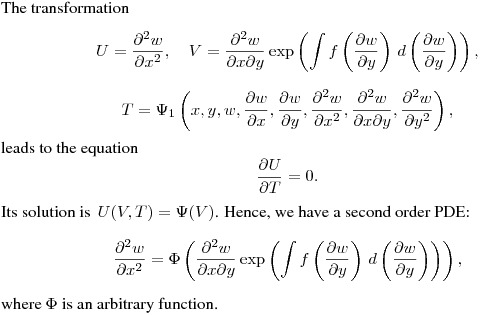 The transformation
$$
U=\frac{\partial^2 w}{\partial x^2}, \quad
V=\frac{\partial^2 w}{\partial x\partial y}
\exp\left(\int f\left(\frac{\partial w}{\partial y}\right)\,d\left(\frac{\partial w}{\partial y}\right)\right),
$$
$$
T=\Psi_1\left(x,y,w,\frac{\partial w}{\partial x},\frac{\partial w}{\partial y},
\frac{\partial^2 w}{\partial x^2},\frac{\partial^2 w}{\partial x\partial y},
\frac{\partial^2 w}{\partial y^2}\right),
$$
leads to the equation
$$
\frac{\partial U}{\partial T}=0.
$$
Its solution is $\,\displaystyle{U(V,T)=\Psi(V)}$.
Hence, we have a second order PDE:
$$
\frac{\partial^2 w}{\partial x^2}=
\Phi\left(\frac{\partial^2 w}{\partial x\partial y}
\exp\left(\int f\left(\frac{\partial w}{\partial y}\right)\,d\left(\frac{\partial w}{\partial y}\right)\right)\right),
$$
where $\Phi$ is an arbitrary function.