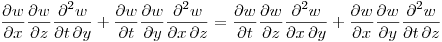\noindent
$\displaystyle \frac{\partial w}{\partial x}\frac{\partial w}{\partial z}\frac{\partial^2 w}{\partial t \, \partial y} + \frac{\partial w}{\partial t}\frac{\partial w}{\partial y}\frac{\partial^2 w}{\partial x \, \partial z}= \frac{\partial w}{\partial t}\frac{\partial w}{\partial z}\frac{\partial^2 w}{\partial x \, \partial y}+\frac{\partial w}{\partial x}\frac{\partial w}{\partial y}\frac{\partial^2 w}{\partial t \, \partial z} $