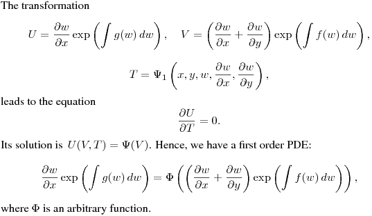 The transformation
$$
U=\frac{\partial w}{\partial x}\exp\left(\int g(w)\,dw\right), \quad
V=\left(\frac{\partial w}{\partial x}+\frac{\partial w}{\partial y}\right)\exp\left(\int f(w)\,dw\right),
$$
$$
T=\Psi_1\left(x,y,w,\frac{\partial w}{\partial x},\frac{\partial w}{\partial y}\right),
$$
leads to the equation
$$
\frac{\partial U}{\partial T}=0.
$$
Its solution is $\,\displaystyle{U(V,T)=\Psi(V)}$.
Hence, we have a first order PDE:
$$
\frac{\partial w}{\partial x}\exp\left(\int g(w)\,dw\right)=
\Phi\left(\left(\frac{\partial w}{\partial x}+\frac{\partial w}{\partial y}\right)\exp\left(\int f(w)\,dw\right)\right),
$$
where $\Phi$ is an arbitrary function.