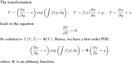 The transformation
$$
U=\left(\frac{\partial w}{\partial y}-x\right)\exp\left(\int f(y)\,dy\right),
\quad V=f(x)\frac{\partial w}{\partial x}+y, \quad T=\frac{\partial w}{\partial y}+x,
$$
leads to the equation
$$
\frac{\partial U}{\partial T}=0.
$$
Its solution is $\,\displaystyle{U(V,T)=\Psi(V)}$.
Hence, we have a first order PDE:
$$
\left(\frac{\partial w}{\partial y}-x\right)\exp\left(\int f(y)\,dy\right)
=\Phi\left(\frac{\partial w}{\partial x}+y\right),
$$
where $\,\Phi\,$ is an arbitrary function.
