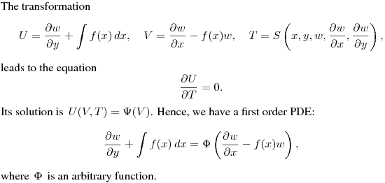 The transformation
$$
U=\frac{\partial w}{\partial y}+\int f(x)\,dx,
\quad V=\frac{\partial w}{\partial x}-f(x)w, \quad
T=S\left(x,y,w,\frac{\partial w}{\partial x},\frac{\partial w}{\partial y}\right),
$$
leads to the equation
$$
\frac{\partial U}{\partial T}=0.
$$
Its solution is $\,\displaystyle{U(V,T)=\Psi(V)}$.
Hence, we have a first order PDE:
$$
\frac{\partial w}{\partial y}+\int f(x)\,dx
=\Phi\left(\frac{\partial w}{\partial x}-f(x)w\right),
$$
where $\,\Phi\,$ is an arbitrary function.